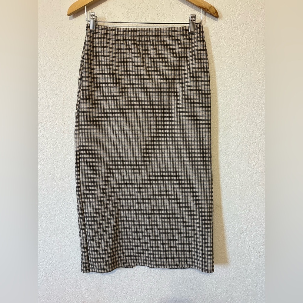 Reformation Plaid Pencil Midi Skirt in tan and black - Size Medium